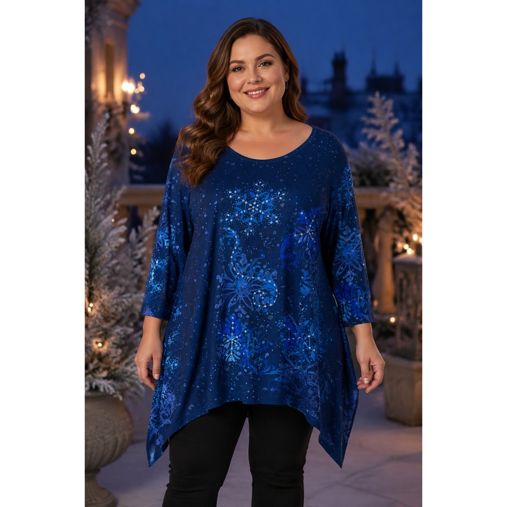 477. Collections Etc Blue Snowflake Sharkbite Hem Tunic Top 3/4 Sleeve XXL